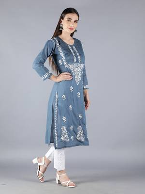 Grey embroidered cotton chikankari-kurtis 3