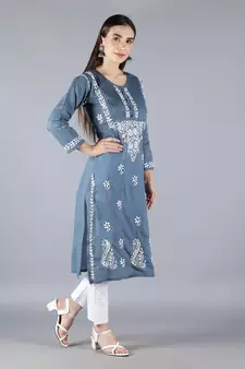 Grey embroidered cotton chikankari-kurtis