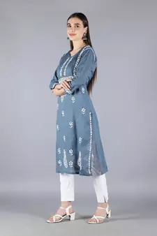 Grey embroidered cotton chikankari-kurtis