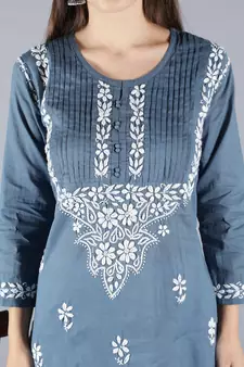 Grey embroidered cotton chikankari-kurtis