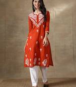 Orange embroidered cotton chikankari-kurtis
