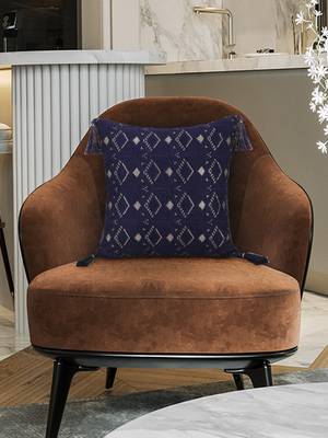 Mezposh Navy Blue & Gold Harlequin Embroidered Faux Silk Cushion Cover (16"x16") 1