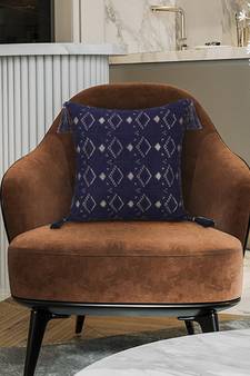 Mezposh Navy Blue & Gold Harlequin Embroidered Faux Silk Cushion Cover (16"x16")