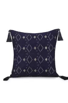 Mezposh Navy Blue & Gold Harlequin Embroidered Faux Silk Cushion Cover (16"x16")