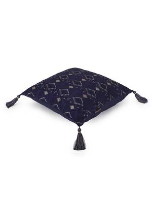 Mezposh Navy Blue & Gold Harlequin Embroidered Faux Silk Cushion Cover (16"x16") 4
