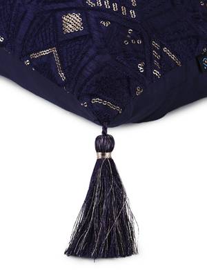 Mezposh Navy Blue & Gold Harlequin Embroidered Faux Silk Cushion Cover (16"x16") 5