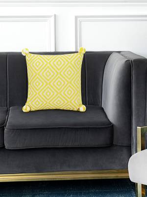 Mezposh Lemon Yellow & Off White Diamond Embroidered Cotton Acrylic Cushion Cover (16"x16") 1