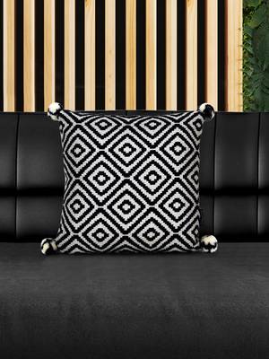 Mezposh Navy Blue & Off White Diamond Embroidered Cotton Acrylic Cushion Cover (16"x16") 1