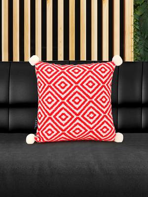 Mezposh Red & Off White Diamond Embroidered Cotton Acrylic Cushion Cover (16"x16") 1