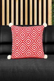 Mezposh Red & Off White Diamond Embroidered Cotton Acrylic Cushion Cover (16"x16")
