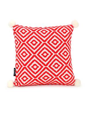 Mezposh Red & Off White Diamond Embroidered Cotton Acrylic Cushion Cover (16"x16") 2