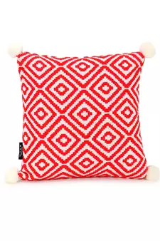 Mezposh Red & Off White Diamond Embroidered Cotton Acrylic Cushion Cover (16"x16")