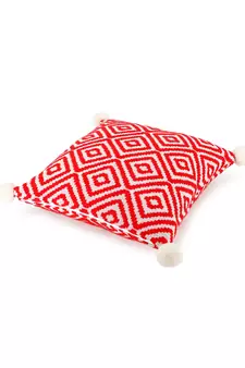 Mezposh Red & Off White Diamond Embroidered Cotton Acrylic Cushion Cover (16"x16")