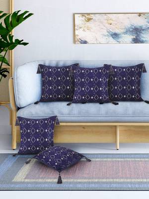 Mezposh Navy Blue & Gold Harlequin Embroidered Faux Silk Cushion Covers (16"x16") Set of 5 1