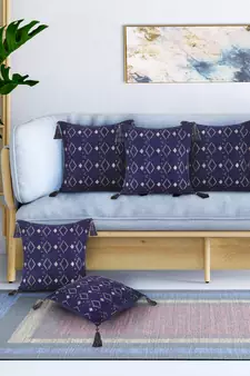 Mezposh Navy Blue & Gold Harlequin Embroidered Faux Silk Cushion Covers (16"x16") Set of 5