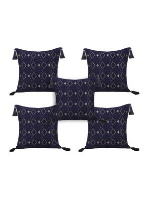 Mezposh Navy Blue & Gold Harlequin Embroidered Faux Silk Cushion Covers (16"x16") Set of 5 2
