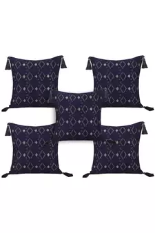 Mezposh Navy Blue & Gold Harlequin Embroidered Faux Silk Cushion Covers (16"x16") Set of 5