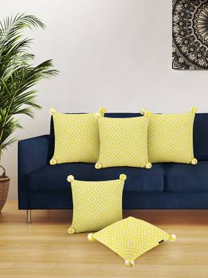Mezposh Lemon Yellow & Off White Diamond Embroidered Cotton Acrylic Cushion Covers (16"x16") Set of 5 1