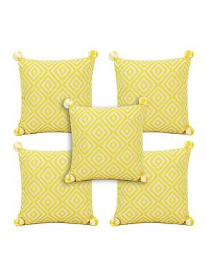 Mezposh Lemon Yellow & Off White Diamond Embroidered Cotton Acrylic Cushion Covers (16"x16") Set of 5 2