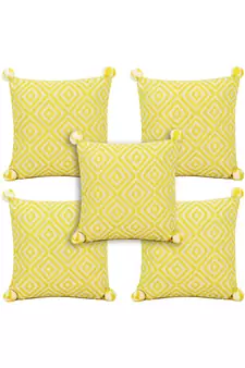 Mezposh Lemon Yellow & Off White Diamond Embroidered Cotton Acrylic Cushion Covers (16"x16") Set of 5
