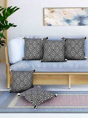 Mezposh Navy Blue & Off White Diamond Embroidered Cotton Acrylic Cushion Covers (16"x16") Set of 5 1