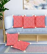 Mezposh Red & Off White Diamond Embroidered Cotton Acrylic Cushion Covers (16"x16") Set of 5