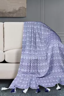 Mezposh Geometric White & Blue Cotton Acrylic Jacquard  Sofa Throw (Two Seater)