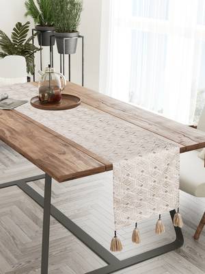 Mezposh Groove Cream & Gold Faux Silk Harlequin Embroidered Runner (6 Seater) 1