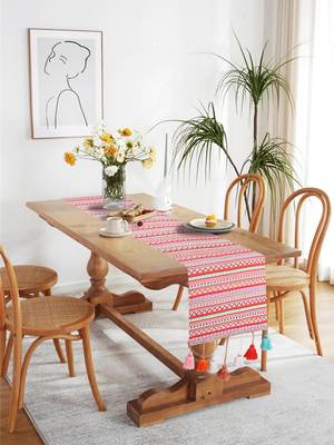 Mezposh Stave Pink, White & Multi Cotton Acrylic Geometric Striped  Runner (6 Seater) 1