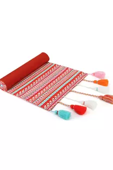 Mezposh Stave Pink, White & Multi Cotton Acrylic Geometric Striped  Runner (6 Seater)