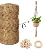 Jute Cord Kit for Wall Hanging, 100 meter Natural Jute Rope, Ring (3 inch, 1 pc), Wooden Beads (12mm, 20 pcs)