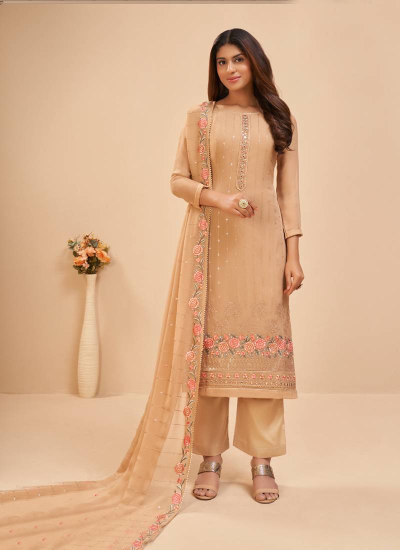 Beige Golden Floral Embroidered Salwar Kameez Suit