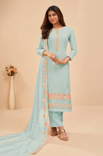 Sky Blue Floral Embroidered Salwar Kameez Suit