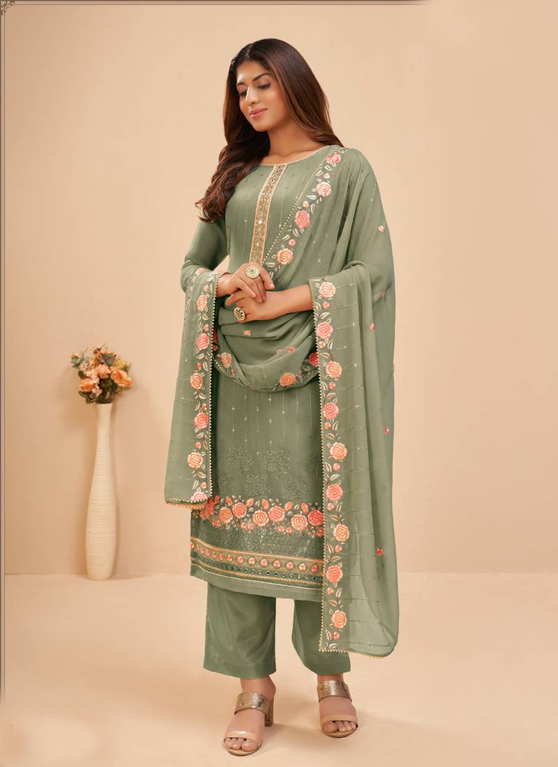 Olive Green Floral Embroidered Salwar Kameez Suit