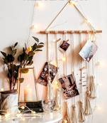  Macrame Photo Display Wall Hanging, Picture Organizer with 10 Wooden Clips & Fairy LED String Lights, Boho Aesthetic
