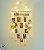  Macrame Photo Display Wall Hanging, Picture Organizer with 20 Wooden Clips & Fairy LED String Lights, Boho Aesthetic