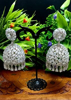 White Indian Jewellery American Diamond Rose Polish Long Hangging Dangler Earrings for Women Wedding 1