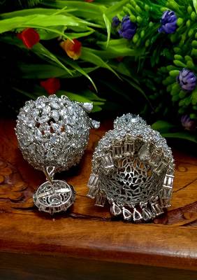 White Indian Jewellery American Diamond Rose Polish Long Hangging Dangler Earrings for Women Wedding 2