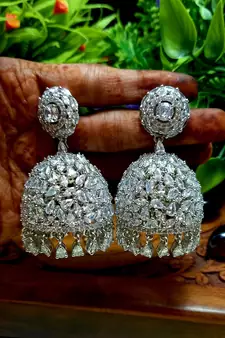 White Indian Jewellery American Diamond Rose Polish Long Hangging Dangler Earrings for Women Wedding