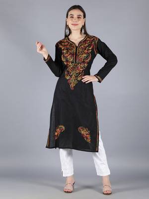 Seva Chikan Hand Embroidered Lucknowi Chikankari Black Cotton Kurta Trouser Set 1