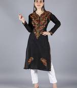 Seva Chikan Hand Embroidered Lucknowi Chikankari Black Cotton Kurta Trouser Set