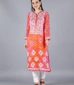 Seva Chikan Hand Embroidered Lucknowi Chikankari Orange Kota Kurta Trouser Set with Slip