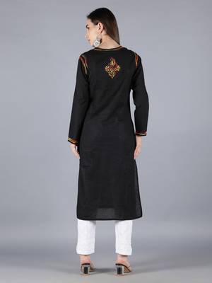 Seva Chikan Hand Embroidered Lucknowi Chikankari Black Cotton Kurta Trouser Set 2