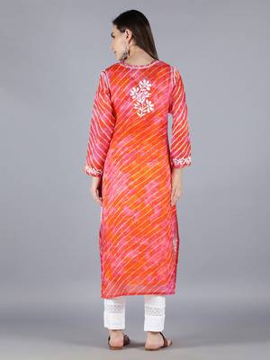 Seva Chikan Hand Embroidered Lucknowi Chikankari Orange Kota Kurta Trouser Set with Slip 2