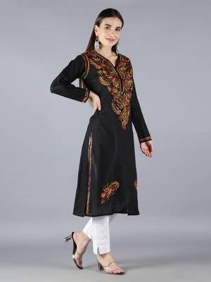 Seva Chikan Hand Embroidered Lucknowi Chikankari Black Cotton Kurta Trouser Set 3