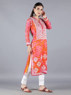 Seva Chikan Hand Embroidered Lucknowi Chikankari Orange Kota Kurta Trouser Set with Slip 3
