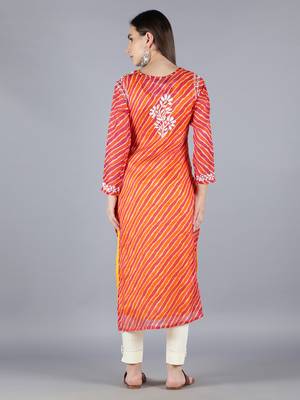Hand Embroidered Lucknowi Chikankari Orange Kota Kurta Pant Set with Slip 2
