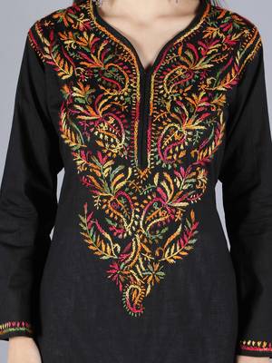 Seva Chikan Hand Embroidered Lucknowi Chikankari Black Cotton Kurta Trouser Set 4