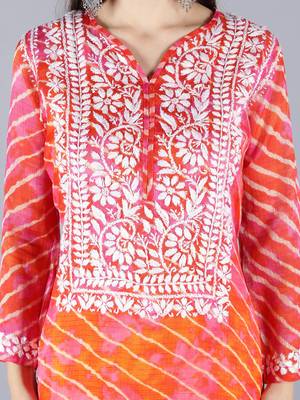 Seva Chikan Hand Embroidered Lucknowi Chikankari Orange Kota Kurta Trouser Set with Slip 4