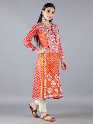 Hand Embroidered Lucknowi Chikankari Orange Kota Kurta Pant Set with Slip 3